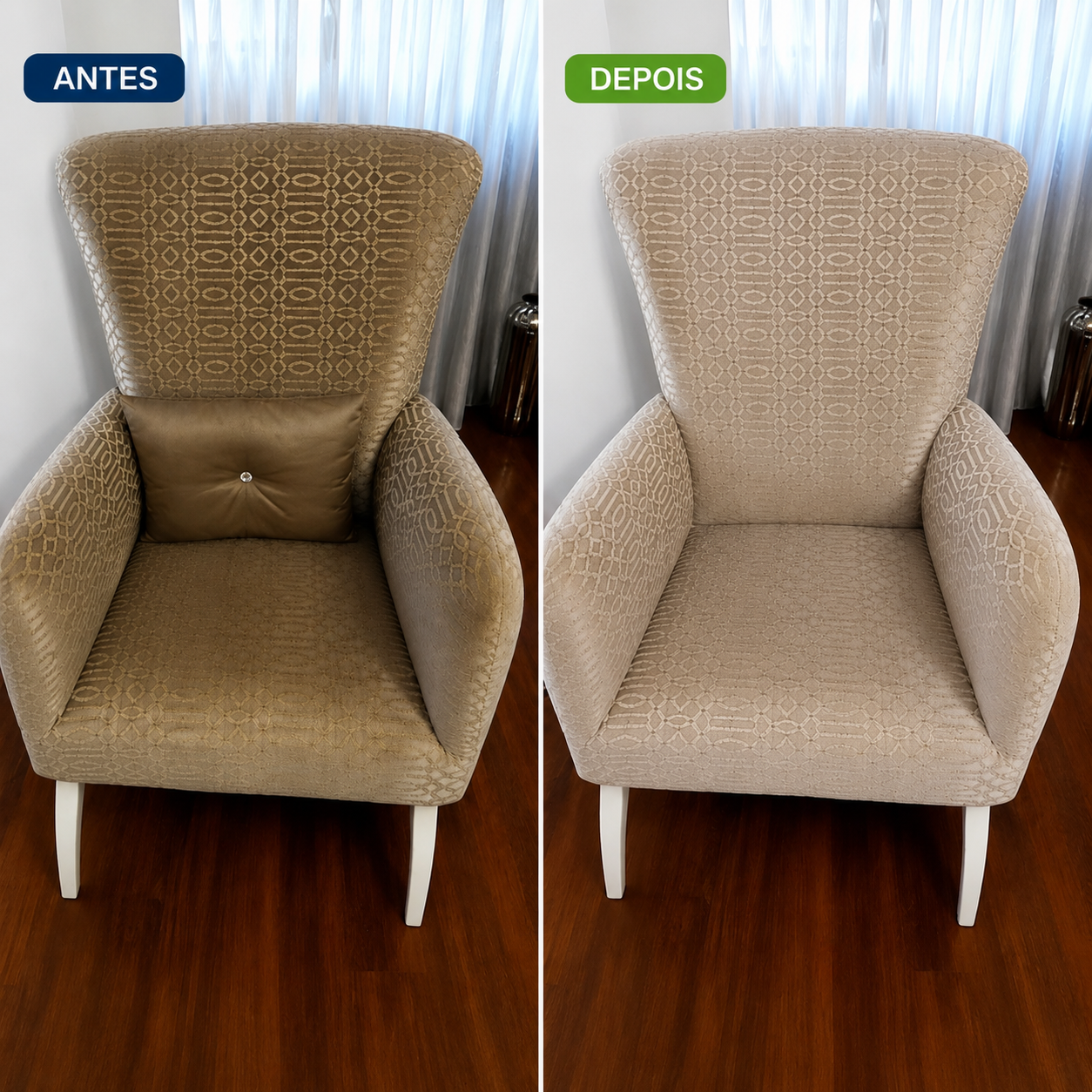 Poltrona antes e depois da higienização